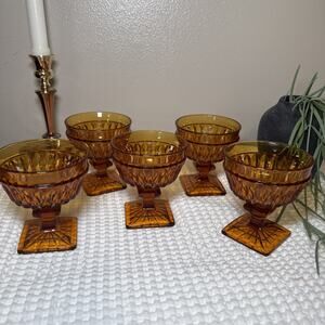 Vintage Indiana Glass Amber Pedestal Dessert Compote Cups Set 5 Starburst MCM